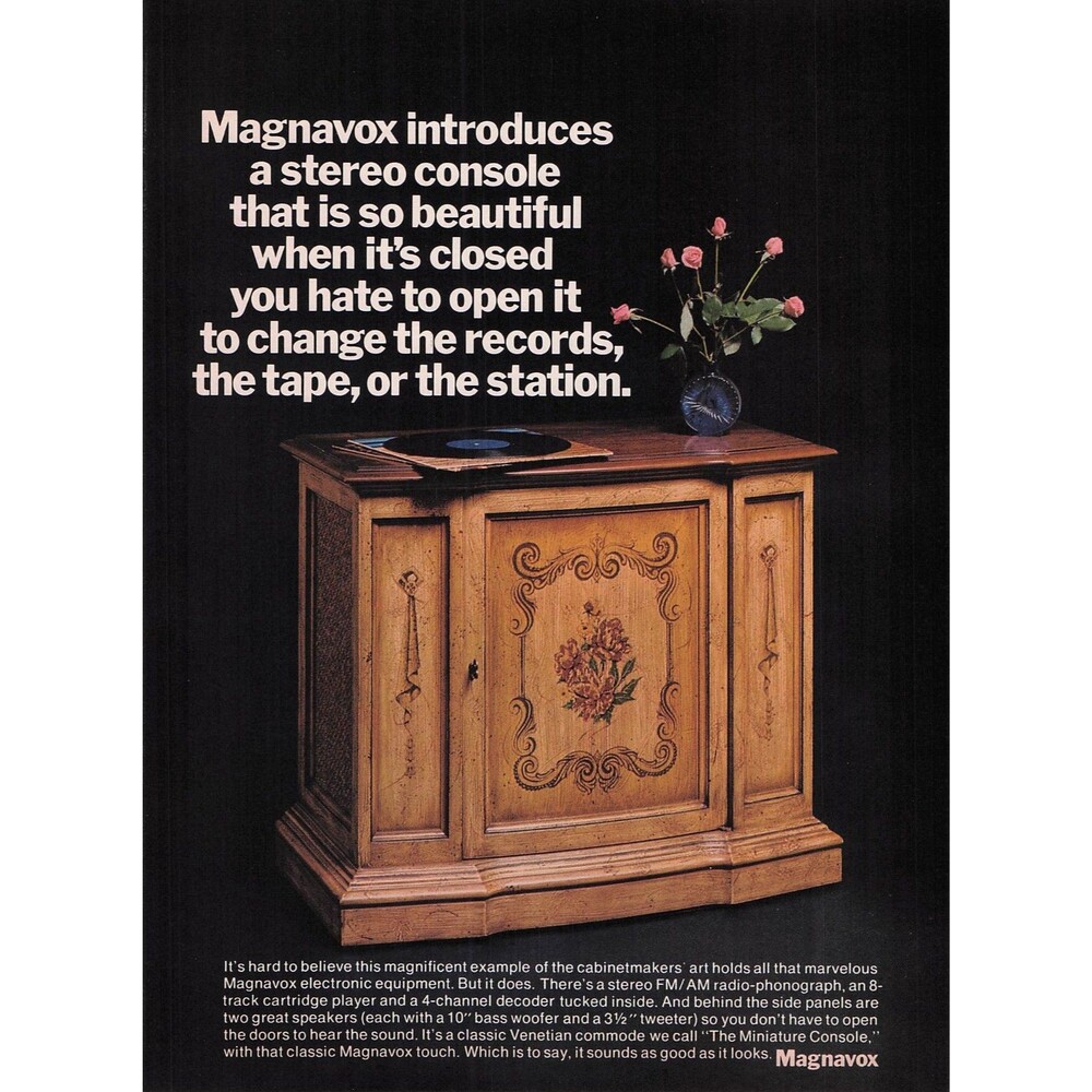 1972 Magnavox Stereo Console Vintage Print Ad Record Player 8 Track decor LP EP